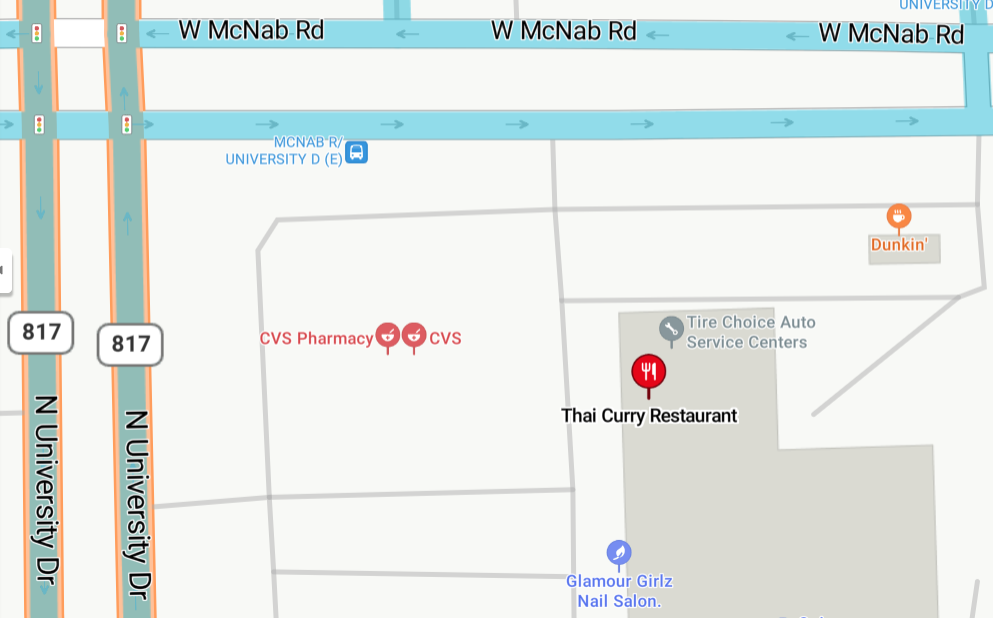 A map showing the location of Thai Curry Restaurant in Tamarac FL
